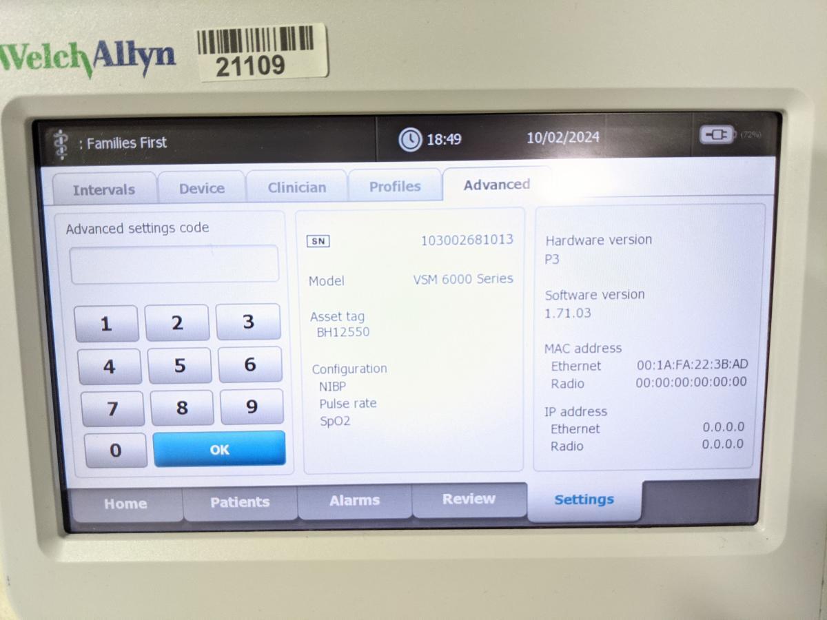 Welch Allyn 6000 Series 64NXXE Vital Signs Monitor
