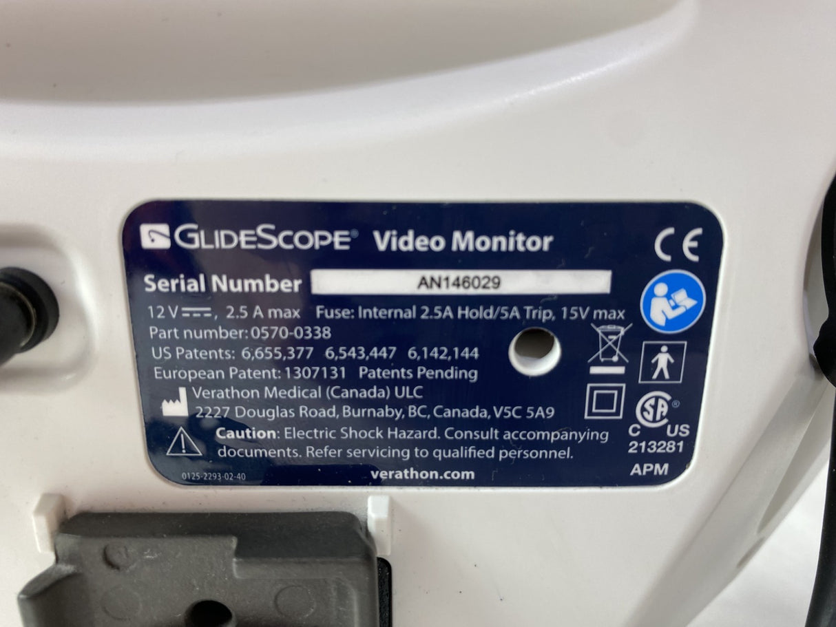 Verathon GlideScope Video Laryngoscope Monitor w/ 0570-0306 Baton & Power Supply
