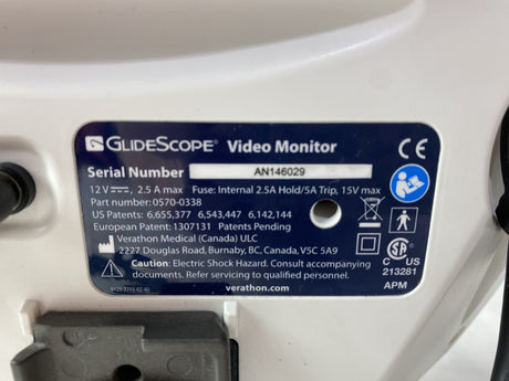 Verathon GlideScope Video Laryngoscope Monitor w/ 0570-0306 Baton & Power Supply