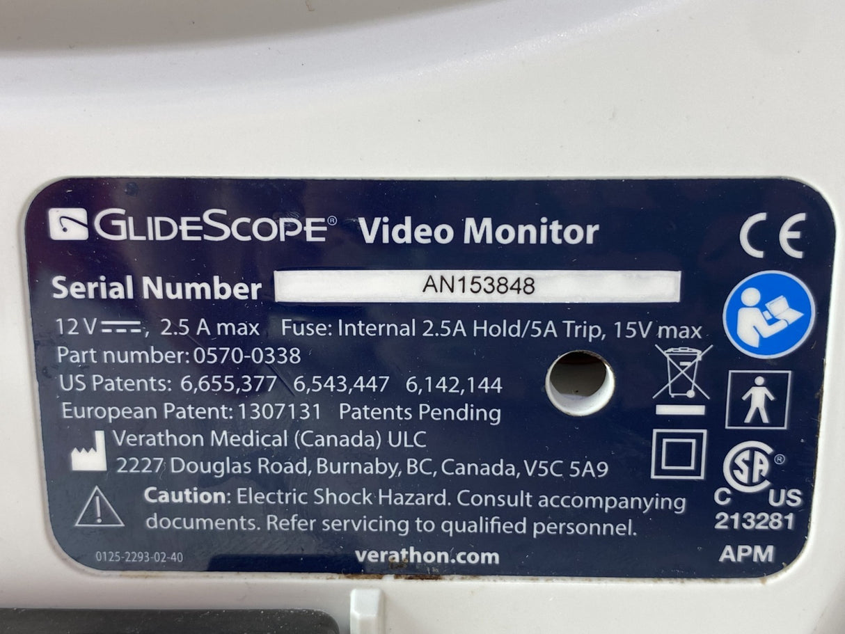 Verathon GlideScope Video Laryngoscope Monitor w/ 0570-0306 Baton & Power Supply