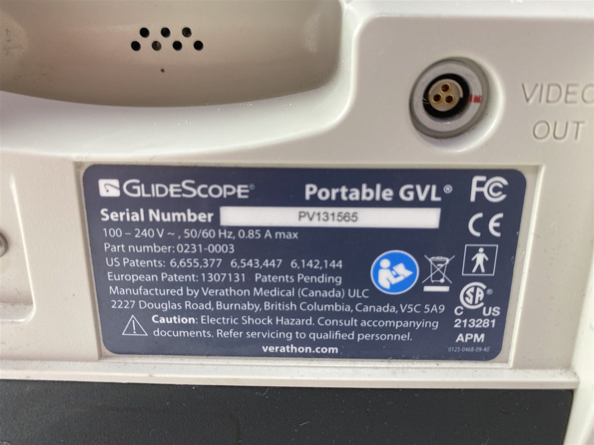 Verathon GlideScope Portable GVL Video Laryngoscope Monitor with 0570-0210 Baton